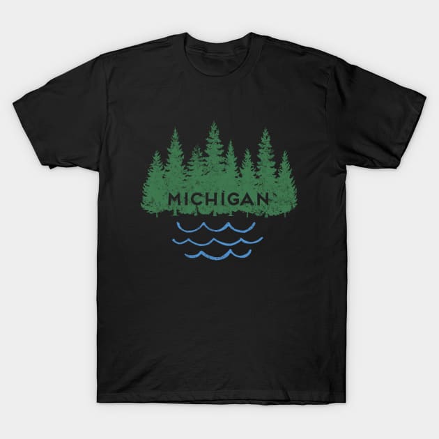 Michigan MI Retro Vintage Look Trees Lake Souvenir T-Shirt by Pine Hill Goods